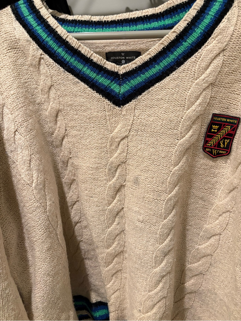 Cream Cable Knit V-Neck Sweater with Blue-Green Stripe